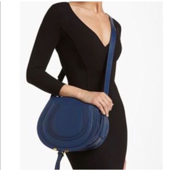 Chloé Marcie Medium Saddle Bag in Blue Indigo Satchel Crossbody Adjustable Strap - Picture 2 of 16